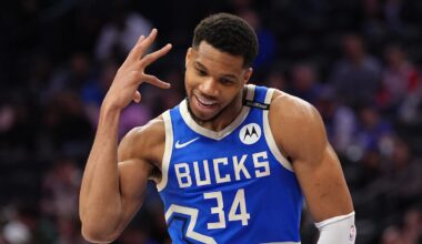 Milwaukee Bucks forward Giannis Antetokounmpo celebrates against the Philadelphia 76ers in the fourth quarter at Wells Fargo Center