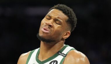 Mar 22, 2025; Sacramento, California, USA; Milwaukee Bucks forward Giannis Antetokounmpo (34) reacts during the third quarter against the Sacramento Kings at Golden 1 Center. Mandatory Credit: Darren Yamashita-Imagn Images