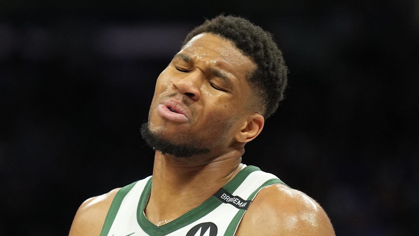 Mar 22, 2025; Sacramento, California, USA; Milwaukee Bucks forward Giannis Antetokounmpo (34) reacts during the third quarter against the Sacramento Kings at Golden 1 Center. Mandatory Credit: Darren Yamashita-Imagn Images