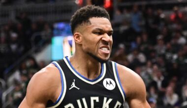 Milwaukee Bucks forward Giannis Antetokounmpo (34) reacts after scoring a basket in the 3rd quarter against the Chicago Bulls at Fiserv Forum on November 7, 2025.