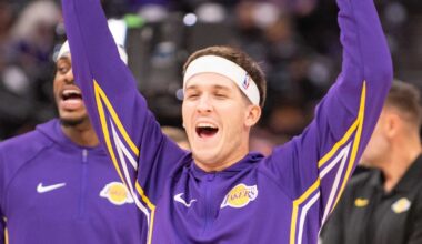 Oct 26, 2025; Sacramento, California, USA; Los Angeles Lakers guard Austin Reaves (15) celebrates after making a shot during warmups before the game against the Sacramento Kings at Golden 1 Center. Mandatory Credit: Ed Szczepanski-Imagn Images
