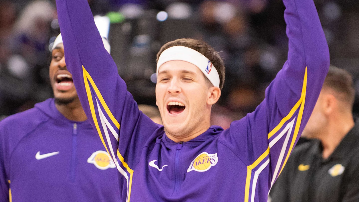 Oct 26, 2025; Sacramento, California, USA; Los Angeles Lakers guard Austin Reaves (15) celebrates after making a shot during warmups before the game against the Sacramento Kings at Golden 1 Center. Mandatory Credit: Ed Szczepanski-Imagn Images