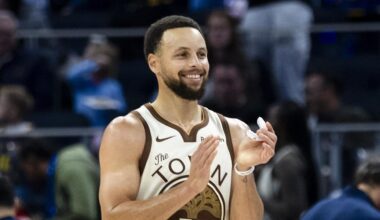 Jan 17, 2026; San Francisco, California, USA; Golden State Warriors guard Stephen Curry (30) reacts during the third quarter against the Charlotte Hornets at Chase Center. Mandatory Credit: John Hefti-Imagn Images