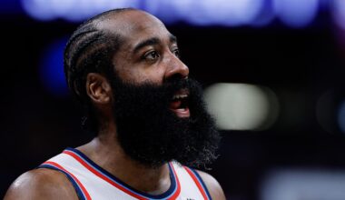 Jan 30, 2026; Denver, Colorado, USA; Los Angeles Clippers guard James Harden (1) in the third quarter against the Denver Nuggets at Ball Arena. Mandatory Credit: Isaiah J. Downing-Imagn Images