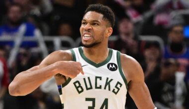 Oct 28, 2025; Milwaukee, Wisconsin, USA; Milwaukee Bucks forward Giannis Antetokounmpo (34) reacts after scoring a basket in the 3rd quarter against the New York Knicks at Fiserv Forum. Mandatory Credit: Benny Sieu-Imagn Images