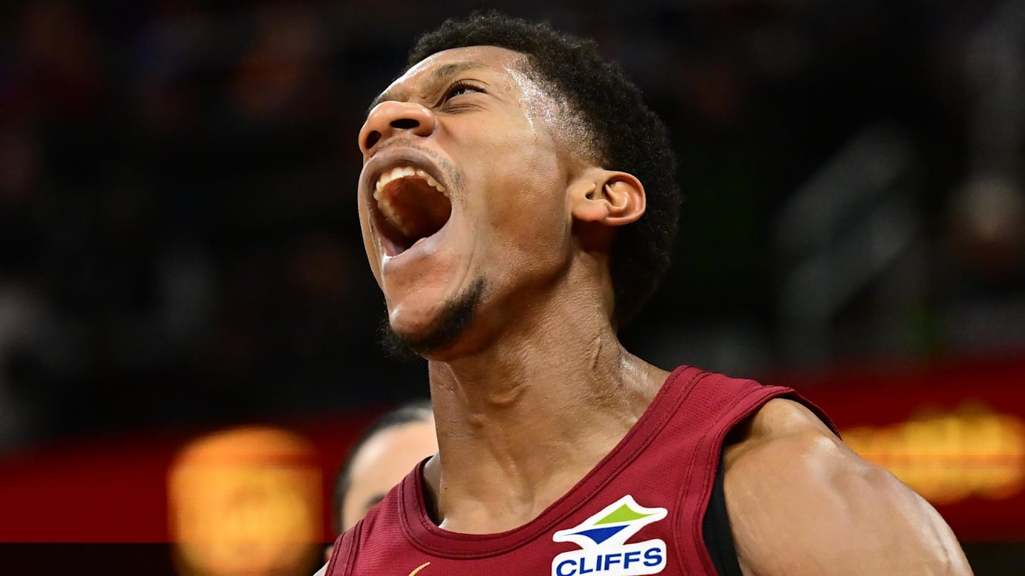 Dec 23, 2025; Cleveland, Ohio, USA; Cleveland Cavaliers forward De'Andre Hunter (12) celebrates after a dunk against the New Orleans Pelicans during the second half at Rocket Arena. Mandatory Credit: Ken Blaze-Imagn Images