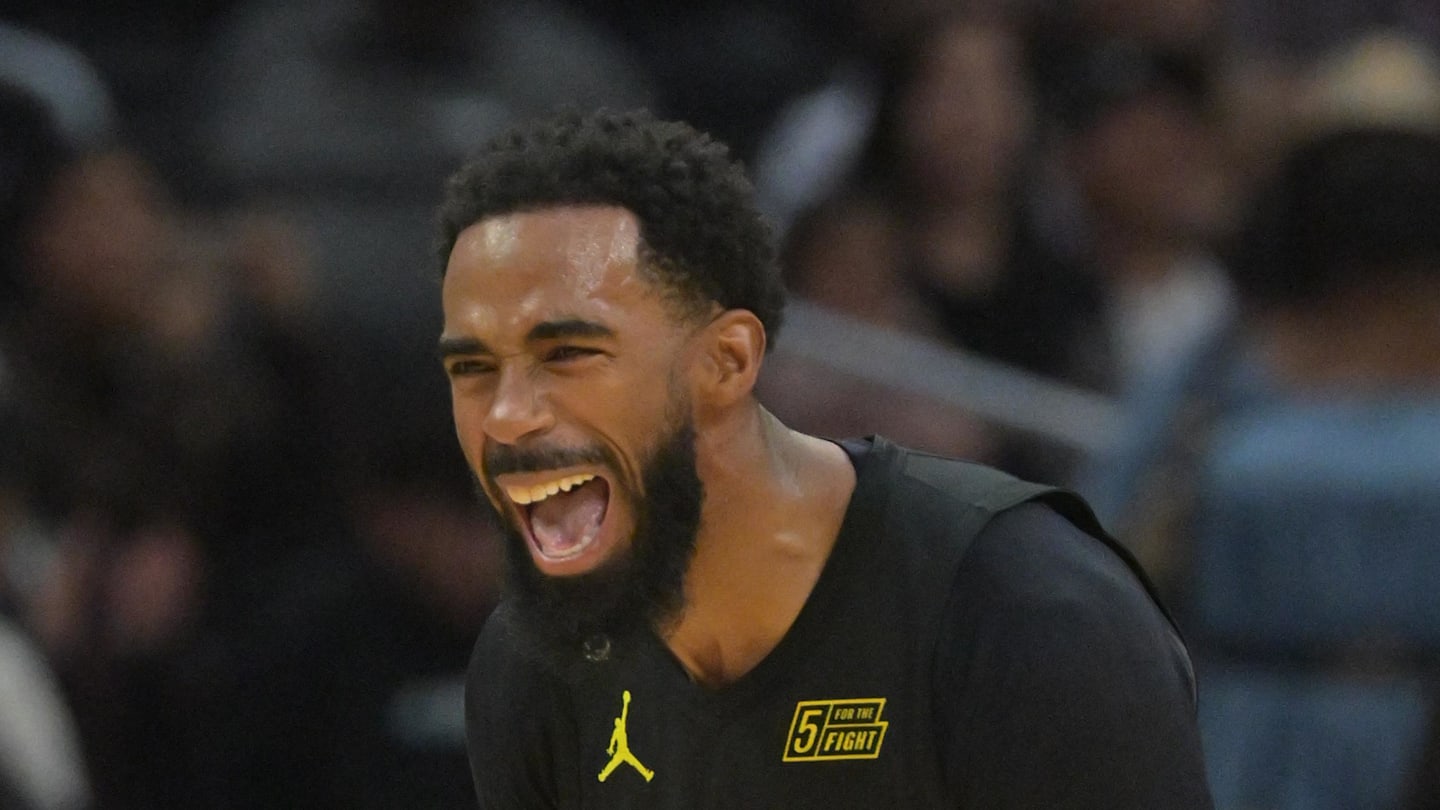 Utah Jazz guard Mike Conley reacts after scoring a basket in the final second of the game against the Los Angeles Clippers at Crypto.com Arena.