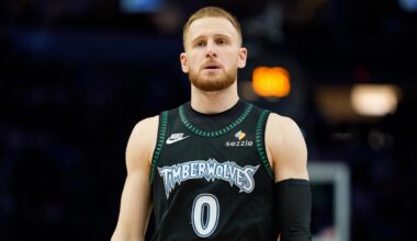Jan 29, 2026; Minneapolis, Minnesota, USA; Minnesota Timberwolves guard Donte DiVincenzo (0) during a stop in play against the Oklahoma City Thunder in the third quarter at Target Center. Mandatory Credit: Matt Blewett-Imagn Images