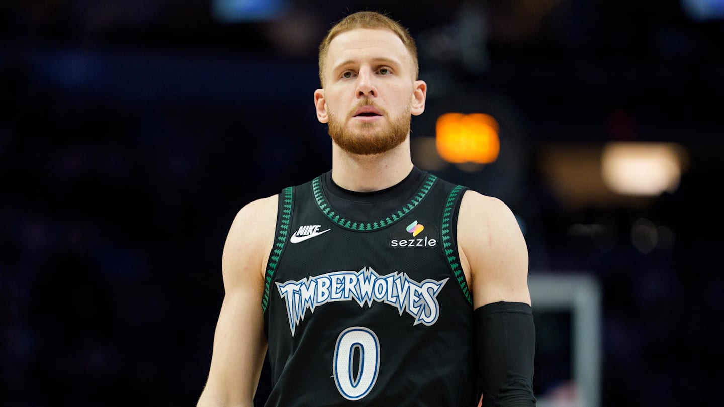 Jan 29, 2026; Minneapolis, Minnesota, USA; Minnesota Timberwolves guard Donte DiVincenzo (0) during a stop in play against the Oklahoma City Thunder in the third quarter at Target Center. Mandatory Credit: Matt Blewett-Imagn Images