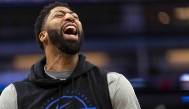 Jan 6, 2026; Sacramento, California, USA; Dallas Mavericks forward Anthony Davis (3) yells during warmups before the start of the game against the Sacramento Kings at the Golden 1 Center. Mandatory Credit: Cary Edmondson-Imagn Images