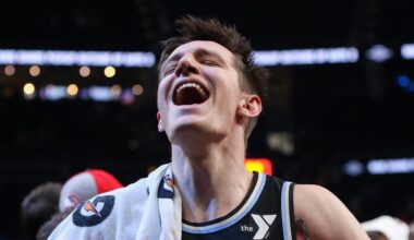 Mar 25, 2024; Atlanta, Georgia, USA; Atlanta Hawks guard Vit Krejci (27) celebrates after a victory against the Boston Celtics at State Farm Arena. Mandatory Credit: Brett Davis-Imagn Images