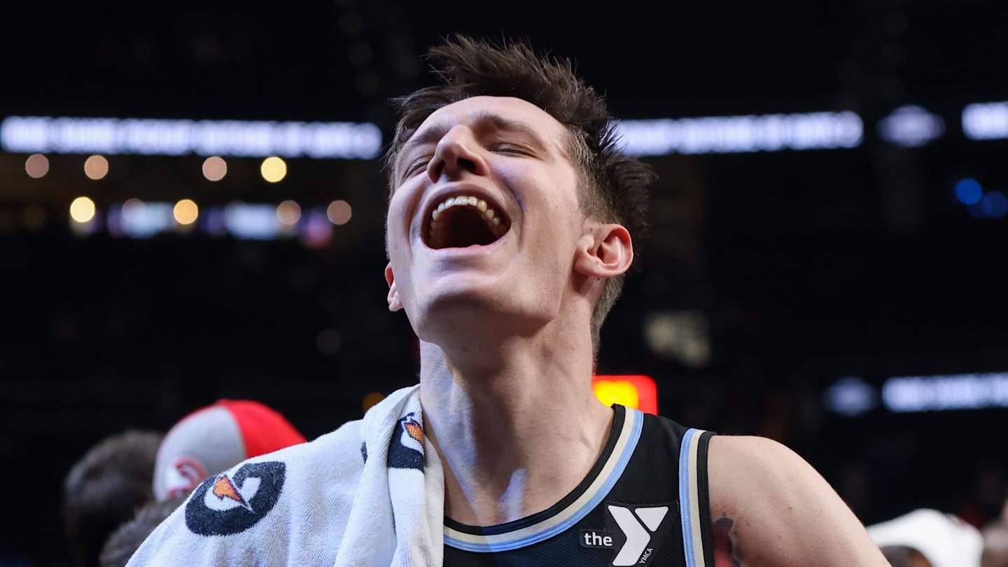 Mar 25, 2024; Atlanta, Georgia, USA; Atlanta Hawks guard Vit Krejci (27) celebrates after a victory against the Boston Celtics at State Farm Arena. Mandatory Credit: Brett Davis-Imagn Images