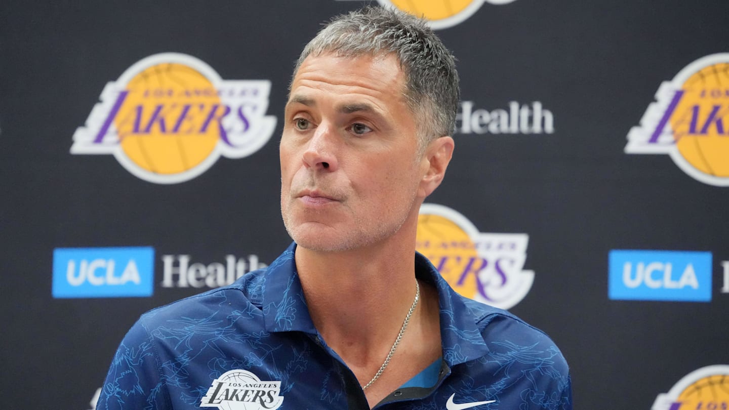 Jul 2, 2024; El Segundo, CA, USA; Los Angeles Lakers vice president of basketball operations and general manager Rob Pelinka at a press conference at the UCLA Health Training Center. Mandatory Credit: Kirby Lee-Imagn Images