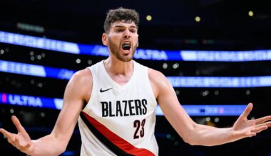 Oct 27, 2025; Los Angeles, California, USA; Portland Trail Blazers center Donovan Clingan (23) reacts during the first half against the Los Angeles Lakers at Crypto.com Arena. Mandatory Credit: William Liang-Imagn Images