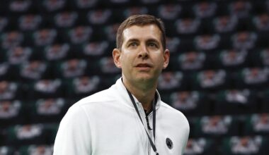 Feb 28, 2025; Boston, Massachusetts, USA; Boston Celtics president of basketball operations Brad Stevens before their game against the Cleveland Cavaliers at TD Garden. Mandatory Credit: Winslow Townson-Imagn Images