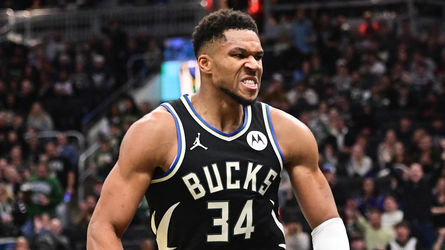 Nov 7, 2025; Milwaukee, Wisconsin, USA; Milwaukee Bucks forward Giannis Antetokounmpo (34) reacts after scoring a basket in the 3rd quarter against the Chicago Bulls at Fiserv Forum. Mandatory Credit: Benny Sieu-Imagn Images