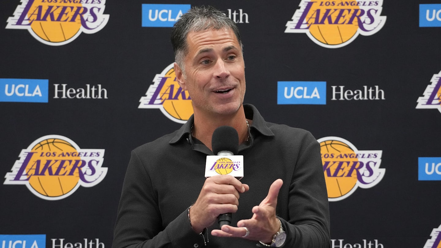 Sep 25, 2024; El Segundo, CA, USA; Los Angeles Lakers general manager Rob Pelinka at press conference at UCLA Health Training Center. Mandatory Credit: Kirby Lee-Imagn Images