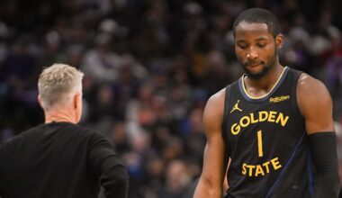 Nov 5, 2025; Sacramento, California, USA; Golden State Warriors forward Jonathan Kuminga (1) walks off the court after being removed from the game during the fourth quarter of the game against the Sacramento Kings at Golden 1 Center. Mandatory Credit: Ed Szczepanski-Imagn Images