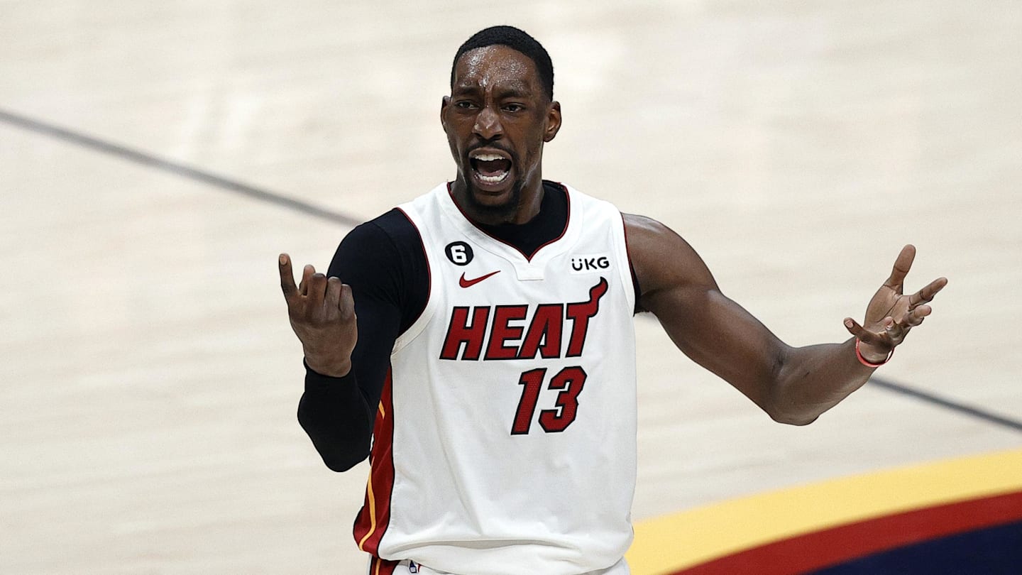 Jun 4, 2023; Denver, CO, USA; Miami Heat center Bam Adebayo (13) reacts (Mandatory Credit: Isaiah J. Downing-Imagn Images)