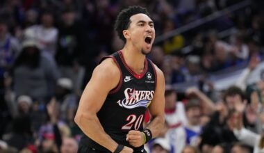 Nov 23, 2025; Philadelphia, Pennsylvania, USA; Philadelphia 76ers guard Jared McCain (20) reacts after scoring against the Miami Heat in the second quarter at Xfinity Mobile Arena. Mandatory Credit: Kyle Ross-Imagn Images