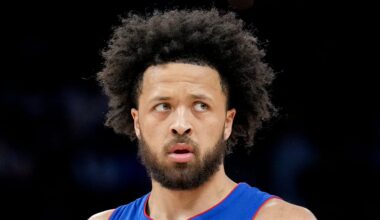 Feb 3, 2026; Detroit, Michigan, USA; Detroit Pistons guard Cade Cunningham (2) argues with official Jacyn Goble (68) after being called for a foul against the Denver Nuggets in the second quarter at Little Caesars Arena. Mandatory Credit: Lon Horwedel-Imagn Images