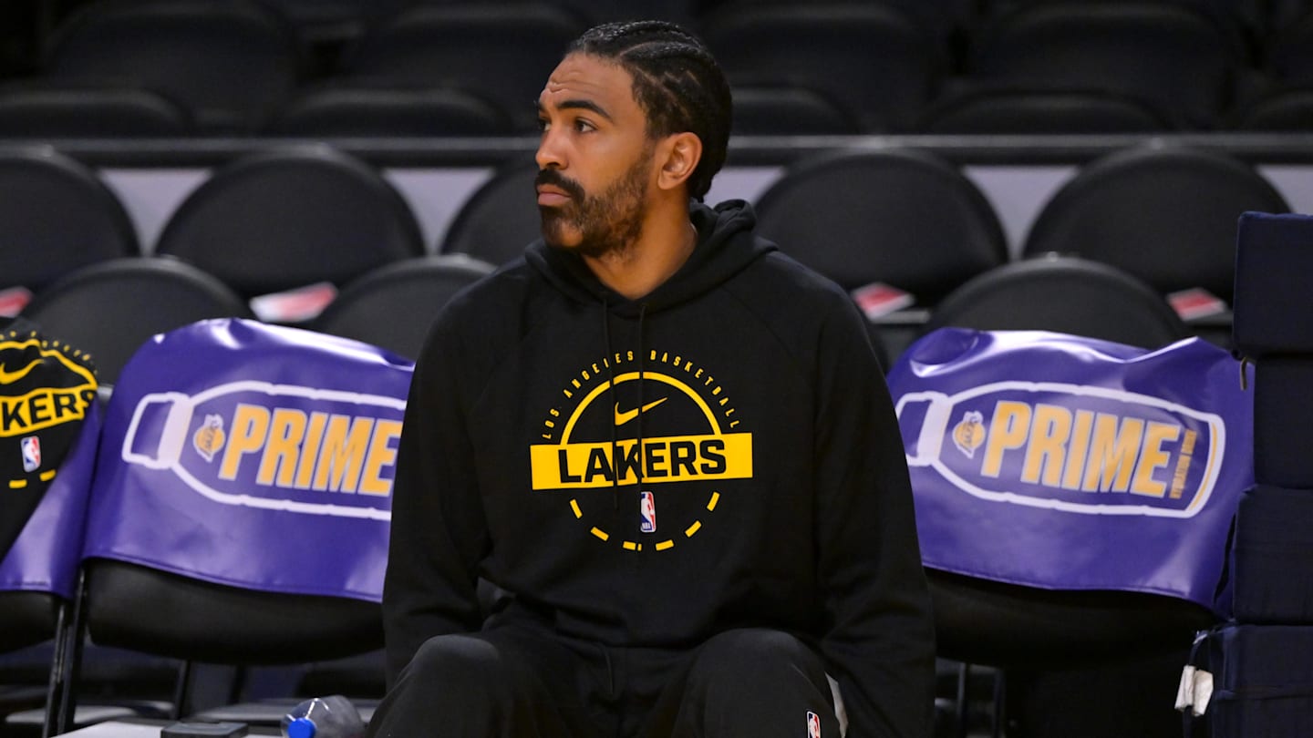 Oct 12, 2025; Los Angeles, California, USA;  Los Angeles Lakers guard Gabe Vincent (7) warms up prior to the game against the Golden State Warriors at Crypto.com Arena. Mandatory Credit: Jayne Kamin-Oncea-Imagn Images