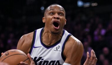 Jan 21, 2026; Sacramento, California, USA; Sacramento Kings guard Russell Westbrook (18) drives to the basket against the Toronto Raptors during the second quarter at Golden 1 Center. Mandatory Credit: Ed Szczepanski-Imagn Images