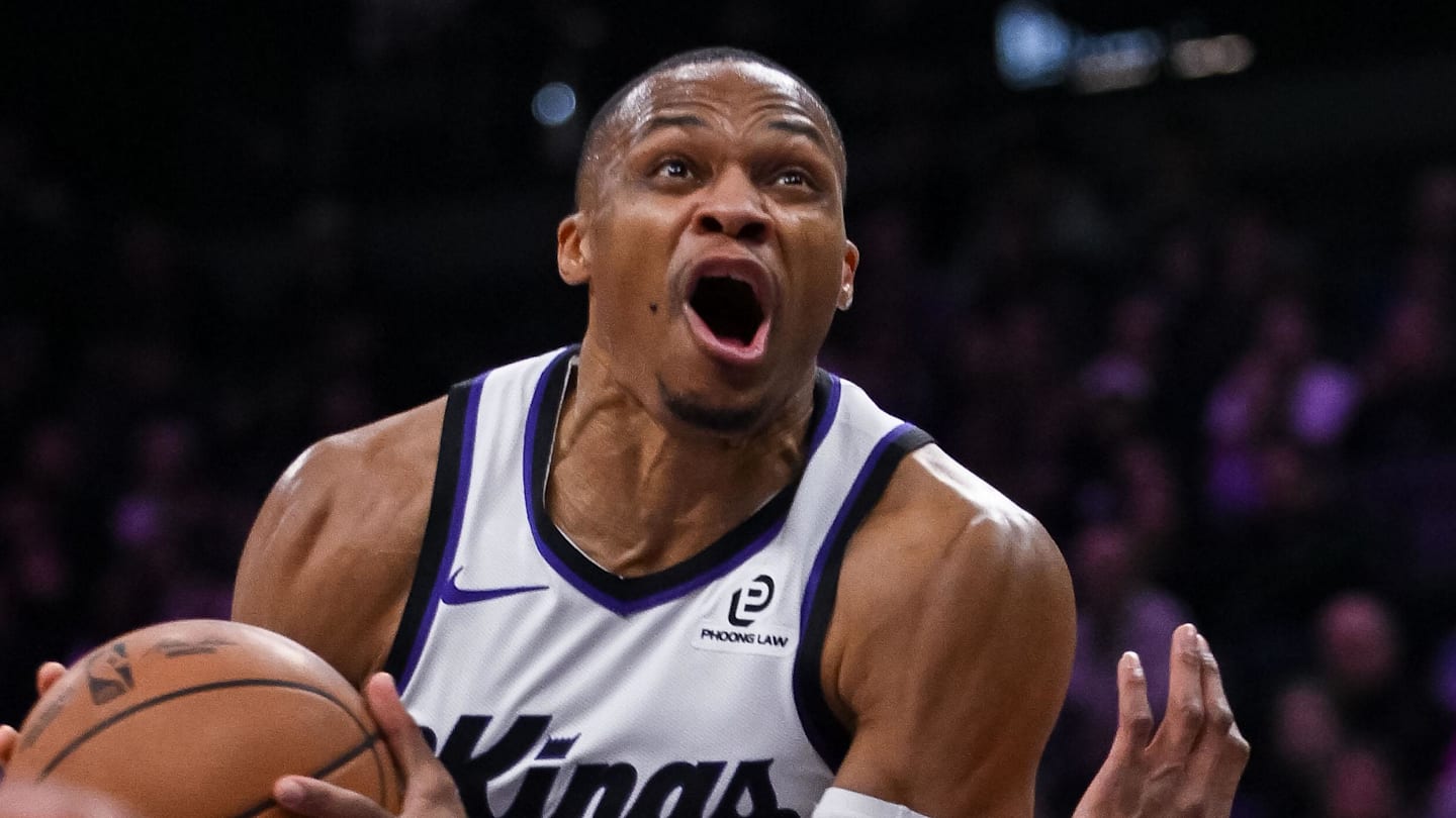 Jan 21, 2026; Sacramento, California, USA; Sacramento Kings guard Russell Westbrook (18) drives to the basket against the Toronto Raptors during the second quarter at Golden 1 Center. Mandatory Credit: Ed Szczepanski-Imagn Images