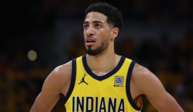 Indiana Pacers guard Tyrese Haliburton (0) stands on court during the second quarter against the New York Knicks in Game 4 of the Eastern Conference Finals for the 2025 NBA Playoffs at Gainbridge Fieldhouse.