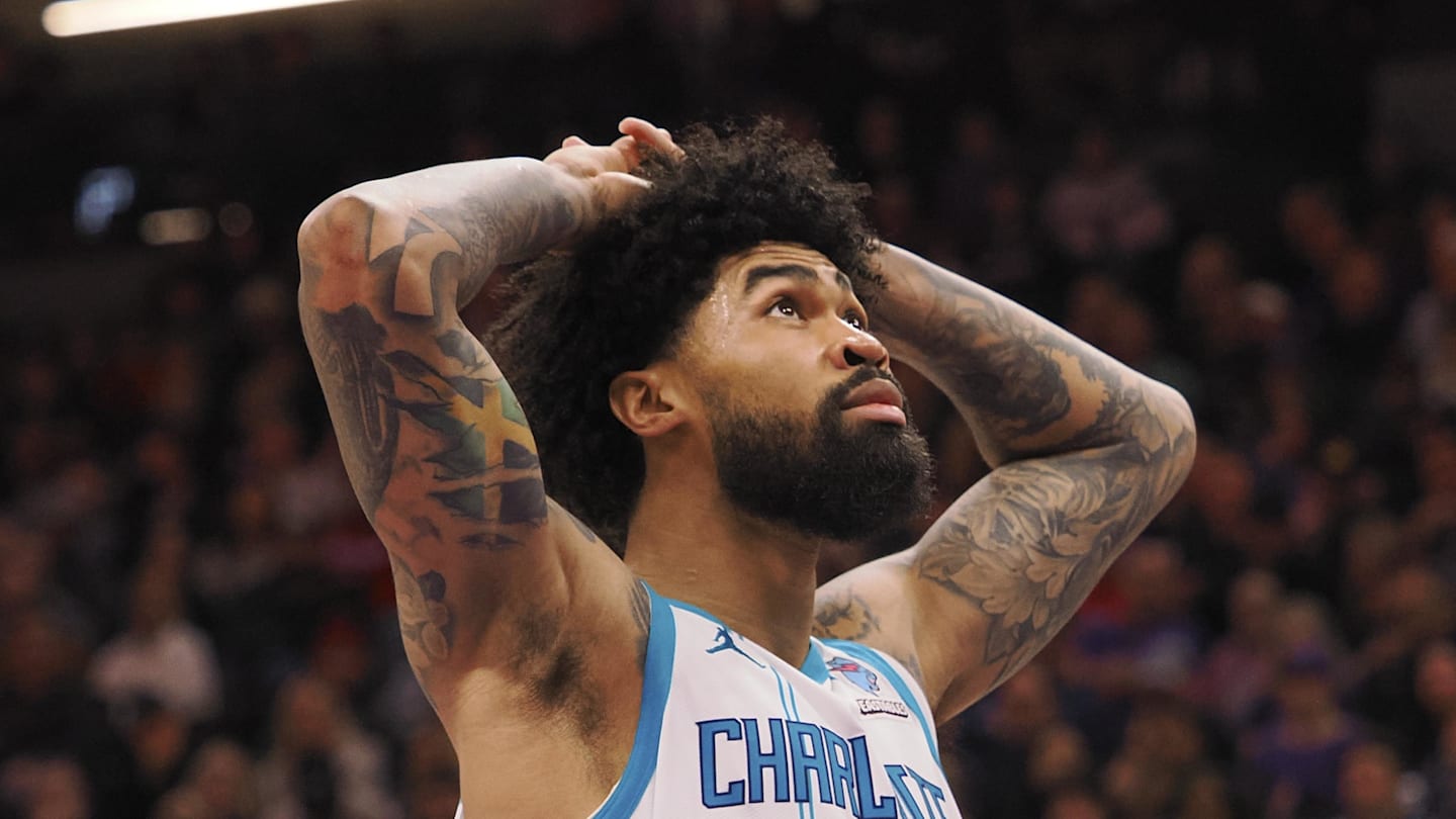 Charlotte Hornets center Nick Richards (4) reacts after being fouled by the Sacramento Kings during the fourth quarter at Golden 1 Center on January 2, 2024.