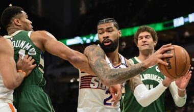 Phoenix Suns center Nick Richards (2) looks for a shot against Milwaukee Bucks forward Giannis Antetokounmpo (34) in the first quarter at Fiserv Forum.