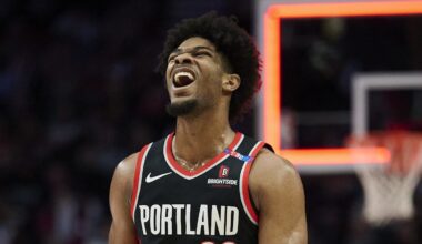 Feb 22, 2025; Portland, Oregon, USA; Portland Trail Blazers guard Scoot Henderson (00) reacts after missing a three point basket during the second half against the Charlotte Hornets at Moda Center. Mandatory Credit: Troy Wayrynen-Imagn Images