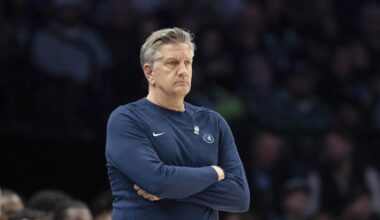 Jan 22, 2026; Minneapolis, Minnesota, USA; Minnesota Timberwolves head coach Chris Finch looks on against the Chicago Bulls in the second half at Target Center. Mandatory Credit: Jesse Johnson-Imagn Images