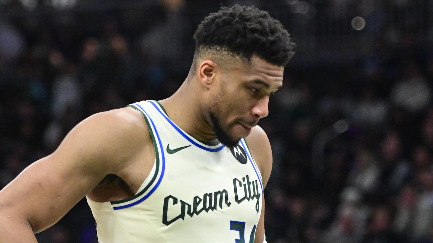 Jan 13, 2026; Milwaukee, Wisconsin, USA; Milwaukee Bucks forward Giannis Antetokounmpo (34) reacts in the second quarter against the Minnesota Timberwolves at Fiserv Forum. Mandatory Credit: Benny Sieu-Imagn Images