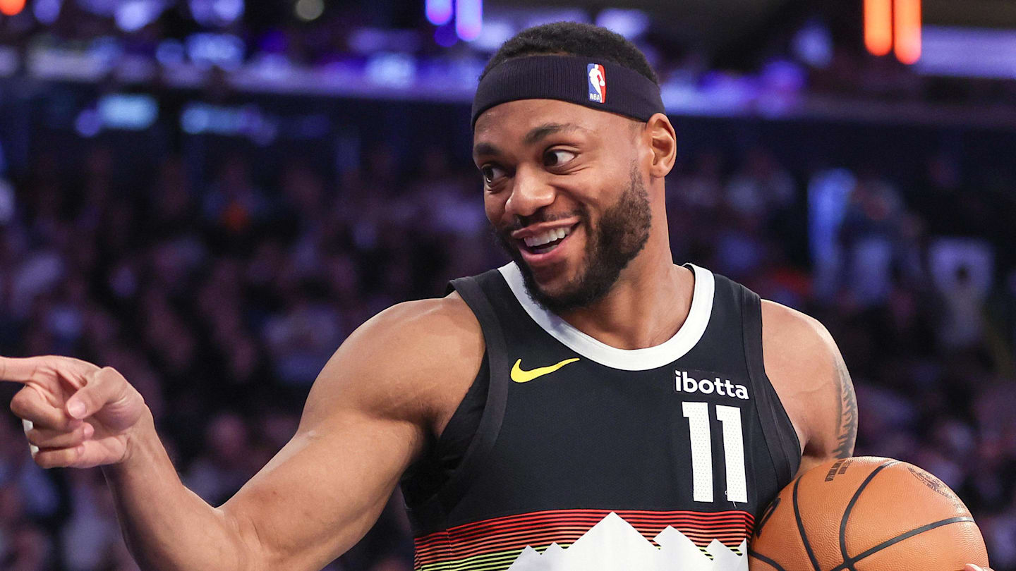 Feb 4, 2026; New York, New York, USA;  Denver Nuggets guard Bruce Brown (11) points to a fan after making a jump shot at the buzzer to end the first quarter against the New York Knicks at Madison Square Garden. Mandatory Credit: Wendell Cruz-Imagn Images