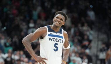Jan 17, 2026; San Antonio, Texas, USA; Minnesota Timberwolves guard Anthony Edwards (5) looks up in the second half against the San Antonio Spurs at Frost Bank Center. Mandatory Credit: Daniel Dunn-Imagn Images