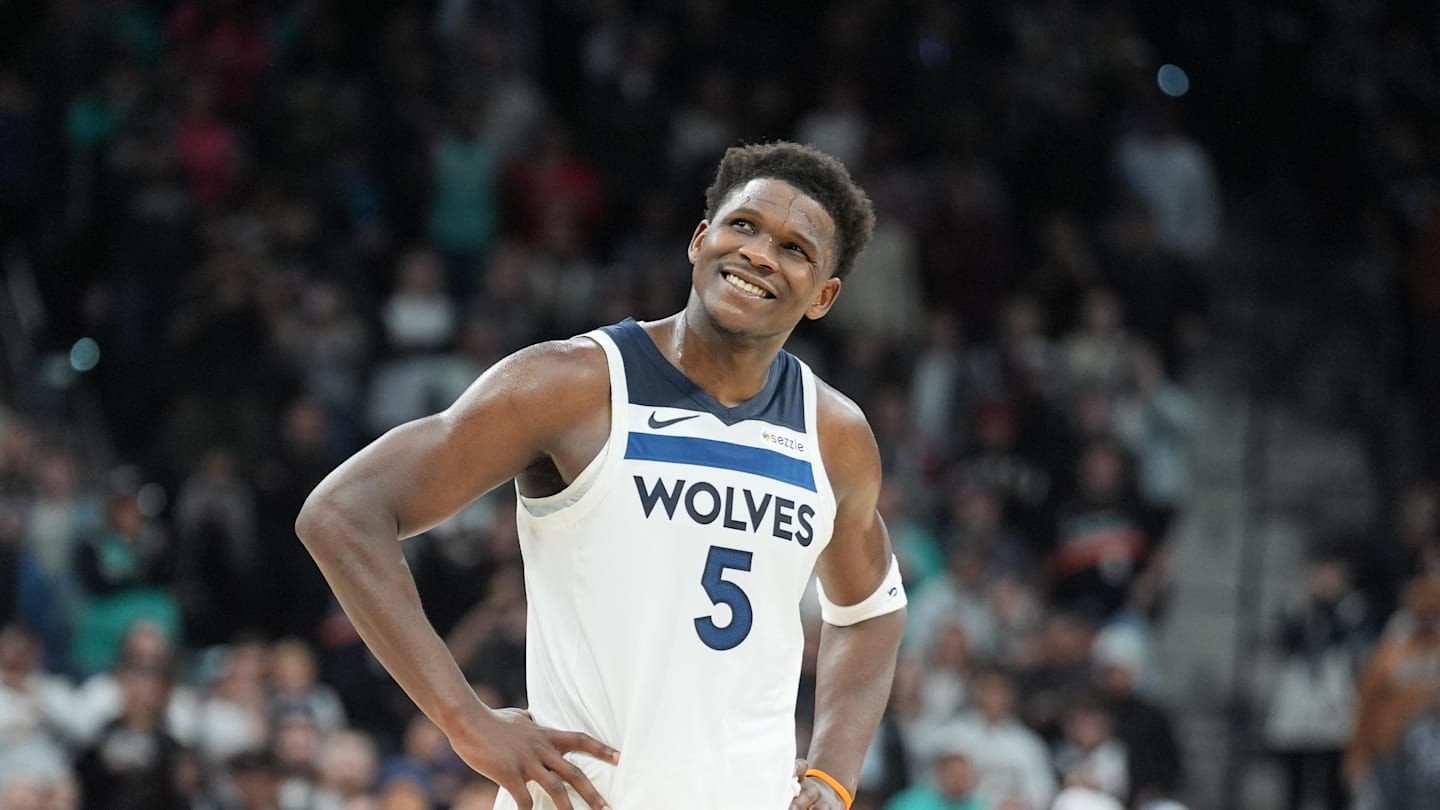 Jan 17, 2026; San Antonio, Texas, USA; Minnesota Timberwolves guard Anthony Edwards (5) looks up in the second half against the San Antonio Spurs at Frost Bank Center. Mandatory Credit: Daniel Dunn-Imagn Images