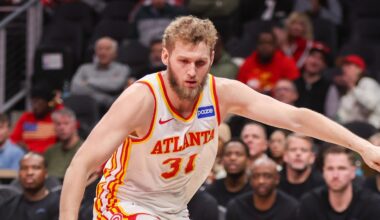 Hawks center Jock Landale (31) reaches for a loose ball against the Utah Jazz in the first quarter at State Farm Arena.