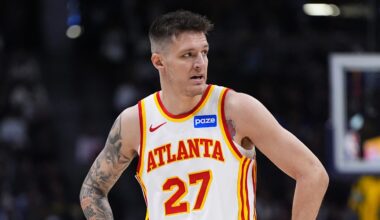 Jan 9, 2026; Denver, Colorado, USA; Atlanta Hawks guard Vit Krejci (27) looks on during the second quarter against the Denver Nuggets at Ball Arena. Mandatory Credit: Ron Chenoy-Imagn Images