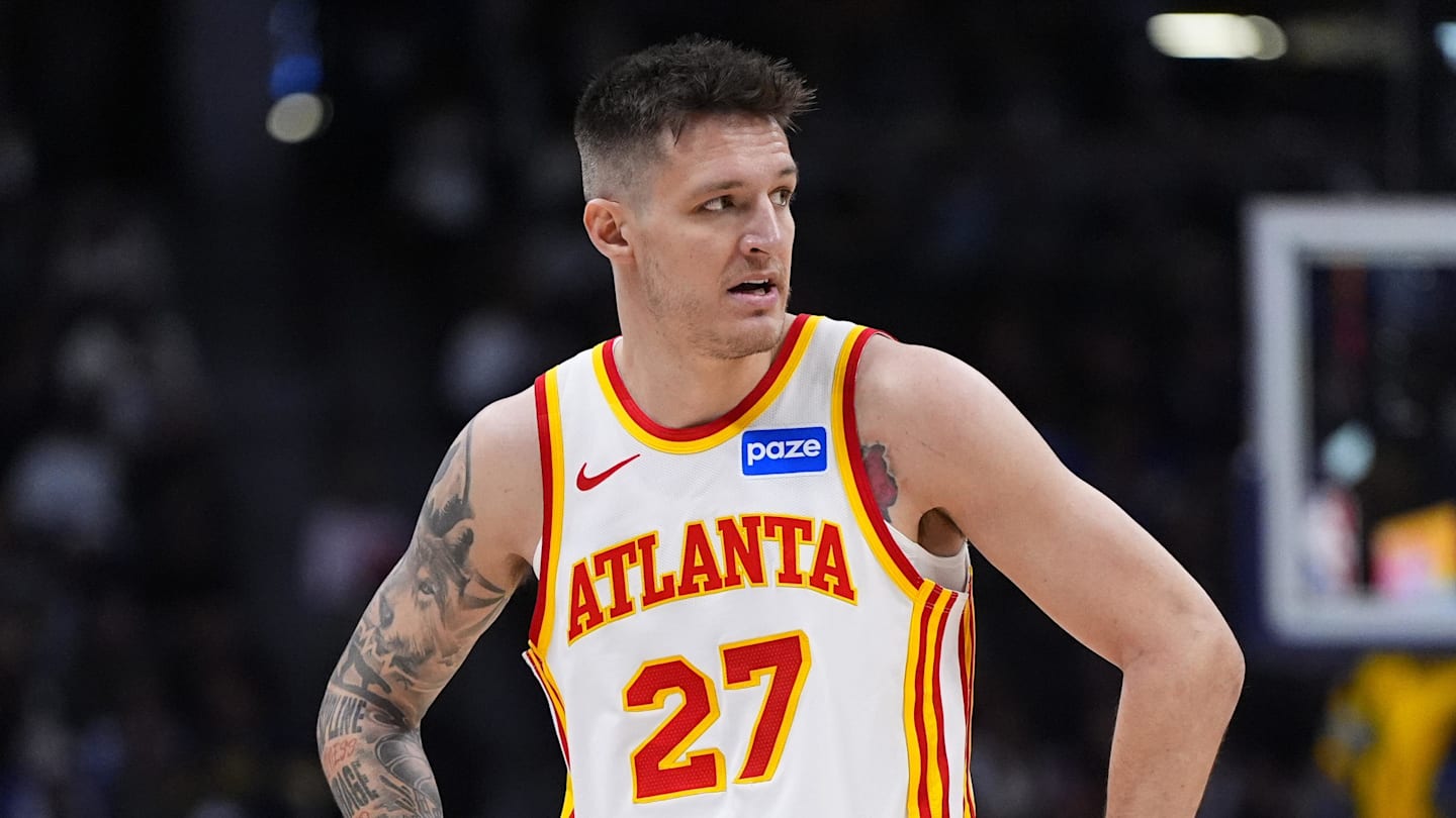 Jan 9, 2026; Denver, Colorado, USA; Atlanta Hawks guard Vit Krejci (27) looks on during the second quarter against the Denver Nuggets at Ball Arena. Mandatory Credit: Ron Chenoy-Imagn Images