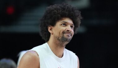 Mar 12, 2025; Portland, Oregon, USA; Portland Trail Blazers shooting guard Matisse Thybulle (4) looks on during warm ups before the game against the New York Knicks at Moda Center. Mandatory Credit: Soobum Im-Imagn Images