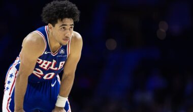 Dec 4, 2024; Philadelphia, Pennsylvania, USA; Philadelphia 76ers guard Jared McCain (20) looks on against the Orlando Magic during the fourth quarter at Wells Fargo Center. Mandatory Credit: Bill Streicher-Imagn Images