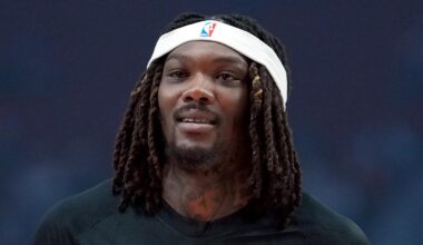 Nov 18, 2025; Portland, Oregon, USA; Portland Trail Blazers center Robert Williams III (35) looks on during warmups before the game against the Phoenix Suns at Moda Center. Mandatory Credit: Soobum Im-Imagn Images