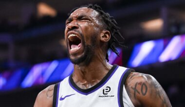 Jan 21, 2026; Sacramento, California, USA; Sacramento Kings guard Malik Monk (0) celebrates after scoring against the Toronto Raptors during the second quarter at Golden 1 Center. Mandatory Credit: Ed Szczepanski-Imagn Images