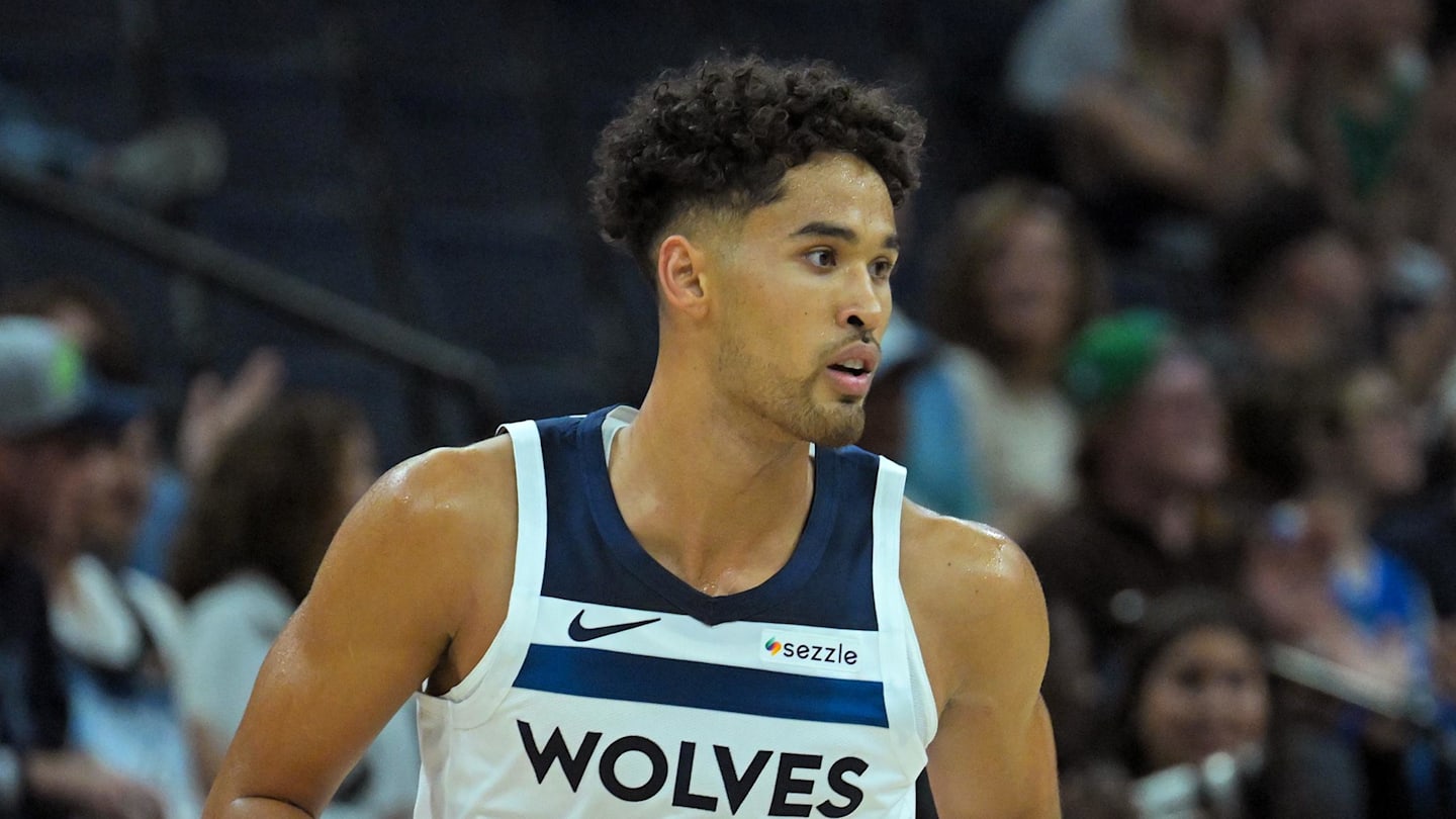 Oct 7, 2025; Minneapolis, Minnesota, USA; Minnesota Timberwolves forward Johnny Juzang (9) follows the play against the Indiana Pacers during the fourth quarter at Target Center. Mandatory Credit: Nick Wosika-Imagn Images