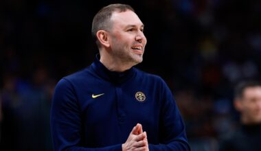 Feb 1, 2026; Denver, Colorado, USA; Denver Nuggets head coach David Adelman reacts in the first quarter against the Oklahoma City Thunder at Ball Arena. Mandatory Credit: Isaiah J. Downing-Imagn Images