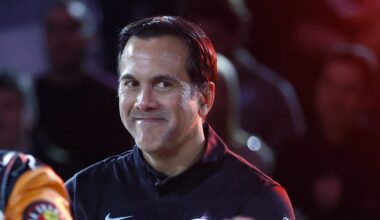 Feb 3, 2026; Miami, Florida, USA;  Miami Heat head coach Erik Spoelstra reacts (Mandatory Credit: Rhona Wise-Imagn Images)