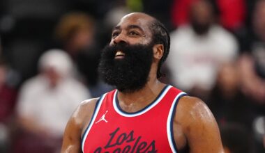 Apr 8, 2025; Inglewood, California, USA; LA Clippers guard James Harden (1) reacts against the San Antonio Spurs in the first half at Intuit Dome. Mandatory Credit: Kirby Lee-Imagn Images
