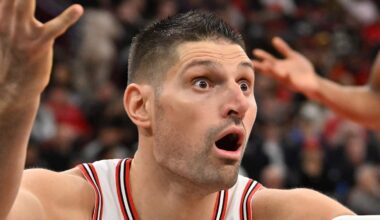 Dec 31, 2025; Chicago, Illinois, USA; Chicago Bulls center Nikola Vucevic (9) reacts against the New Orleans Pelicans during the second half at United Center. Mandatory Credit: Patrick Gorski-Imagn Images