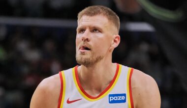 Nov 22, 2025; New Orleans, Louisiana, USA;  Atlanta Hawks forward/center Kristaps Porzingis (8) shoots a free throw against the New Orleans Pelicans during the first half of the game at the Smoothie King Center. Mandatory Credit: Daniel Anderson-Imagn Images